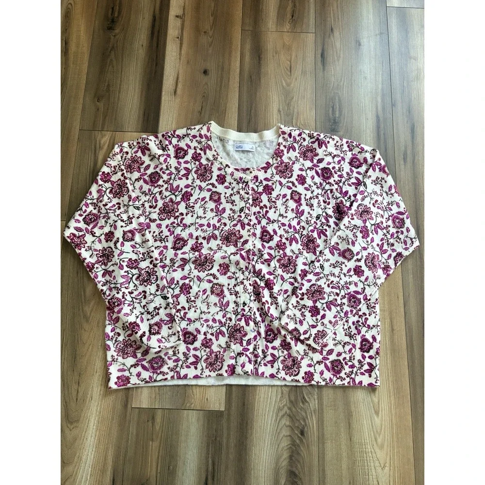 Croft‎ & Barrow Women's XL Cardigan Sweater Spring Flowers Floral Pink Ivory